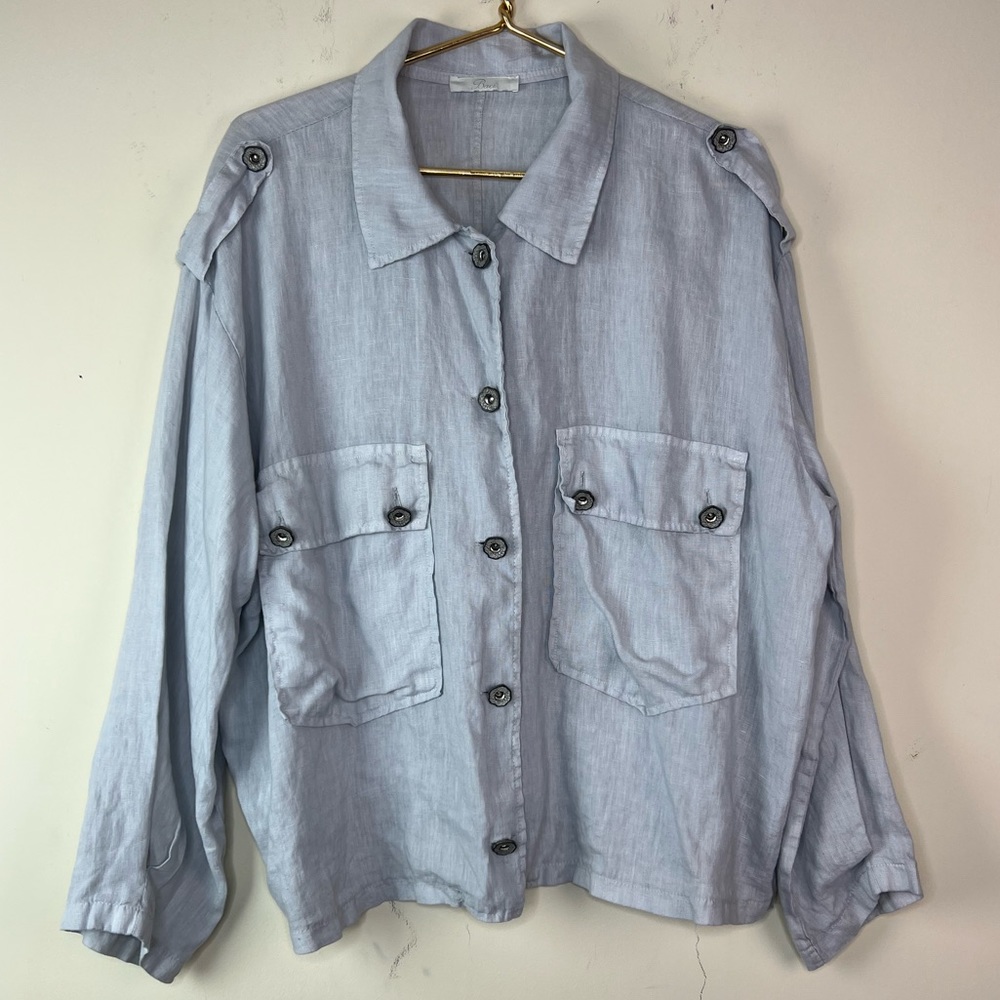 Baci Grey Linen Button Down Top, Large